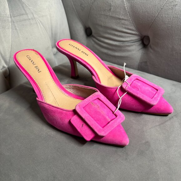 Gianni Bini Pink Suede Pointed Toe Buckle Heeled Mules – Women’s 6.5 - Picture 3 of 8